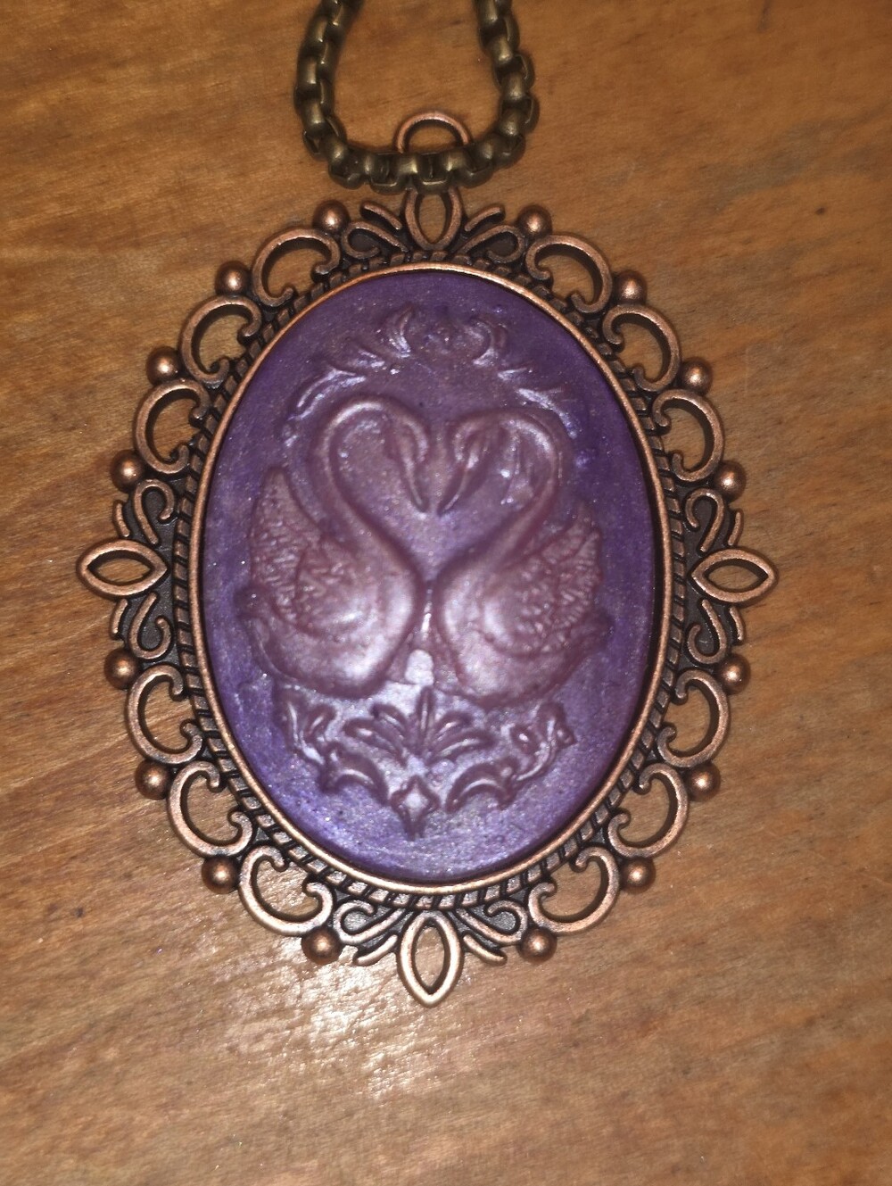Two Pink Swan Resin Cameo In Bronze Metal Frame On Chain Necklace *Stainless